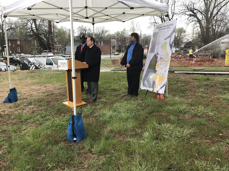 Mayor Slay Speaks as 22nd Ward Alderman Jeffery Boyd, and Brian Hoelscher, MSD look on.